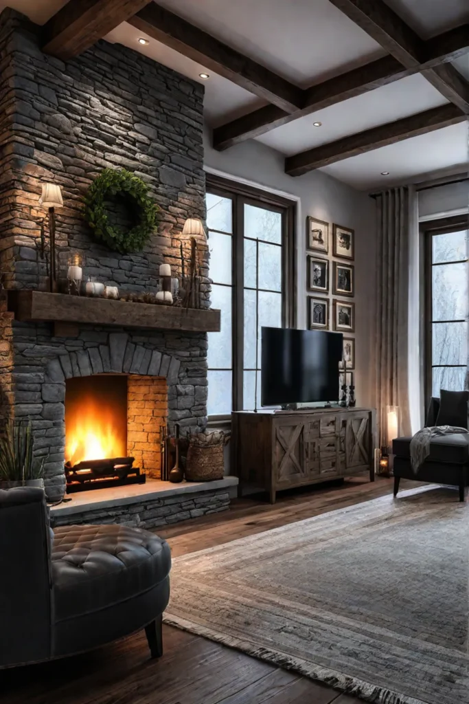 Festive living room rustic fireplace