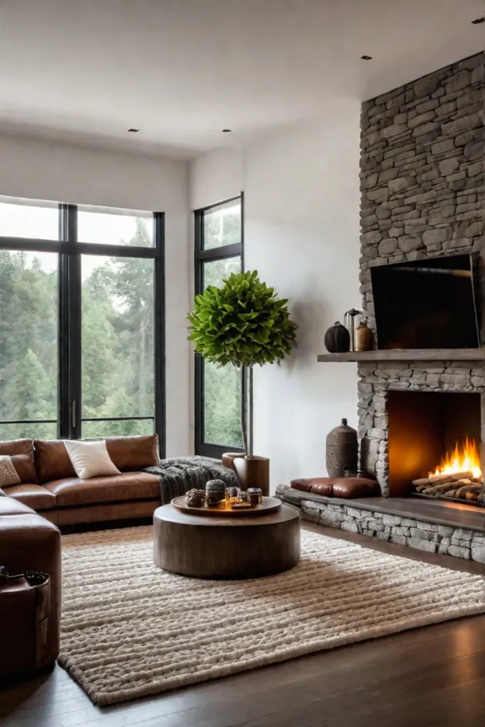 Leather sofa with textured pillows and a wool rug