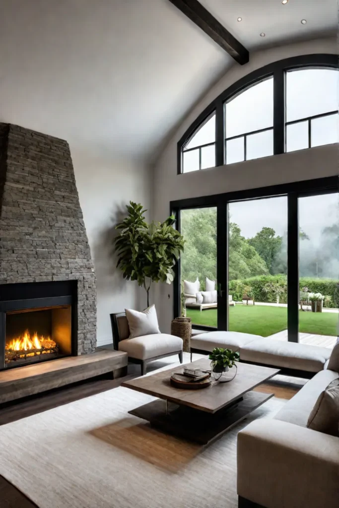 Living room with a view of a lush garden