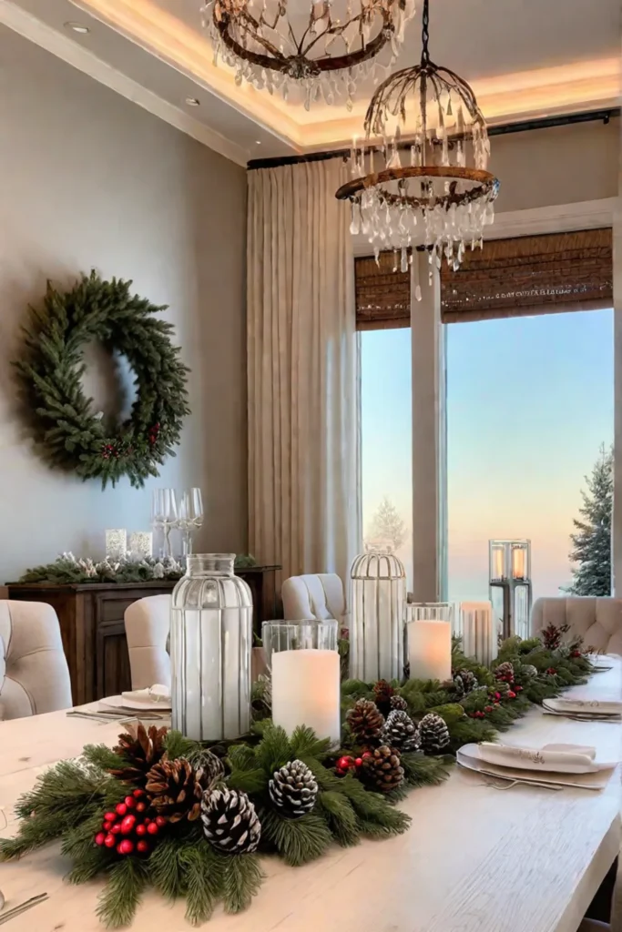 Pine boughs and fairy lights centerpiece