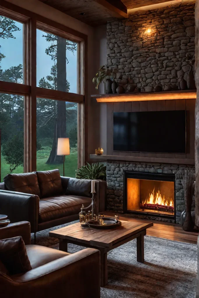 Rustic living room with fireplace and candlelight