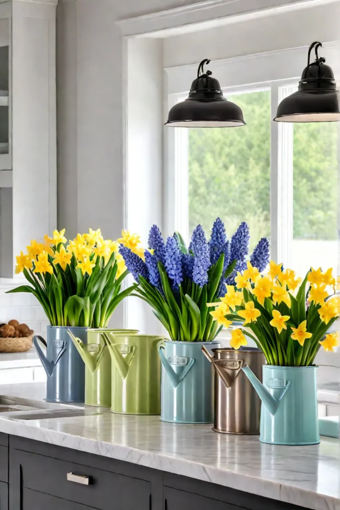 Spring flowers in watering cans