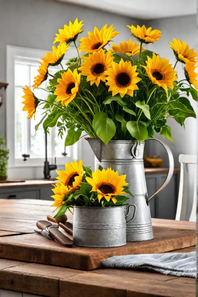 Sunflowers and daisies in a pitcher