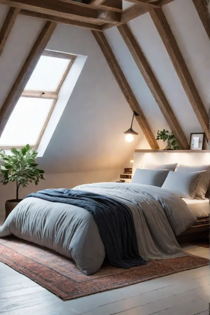 Spacious and inviting attic bedroom with strategic lighting